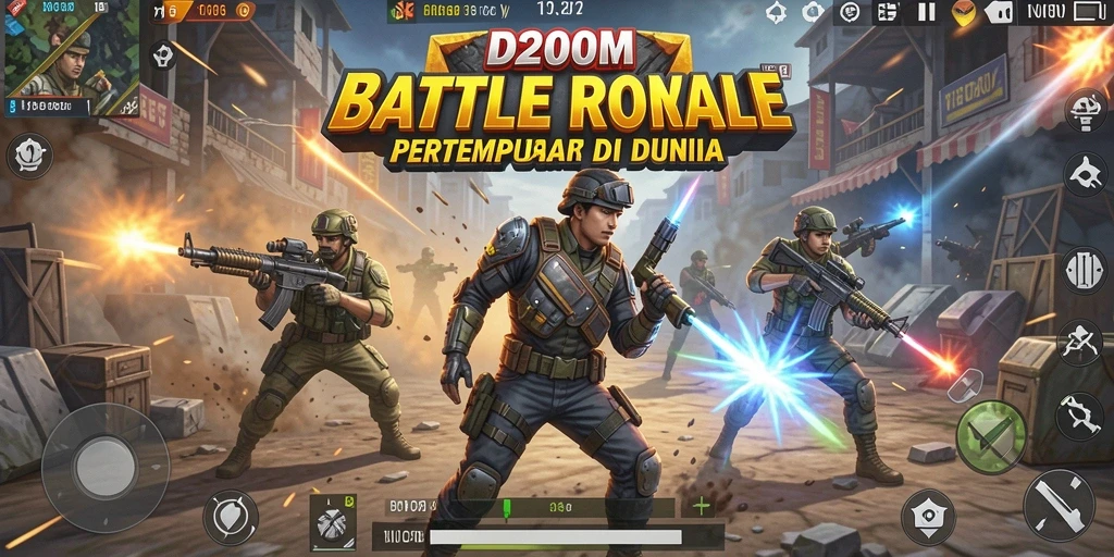 Gameplay D200M menampilkan aksi seru dari pertempuran Battle Royale yang mendebarkan.