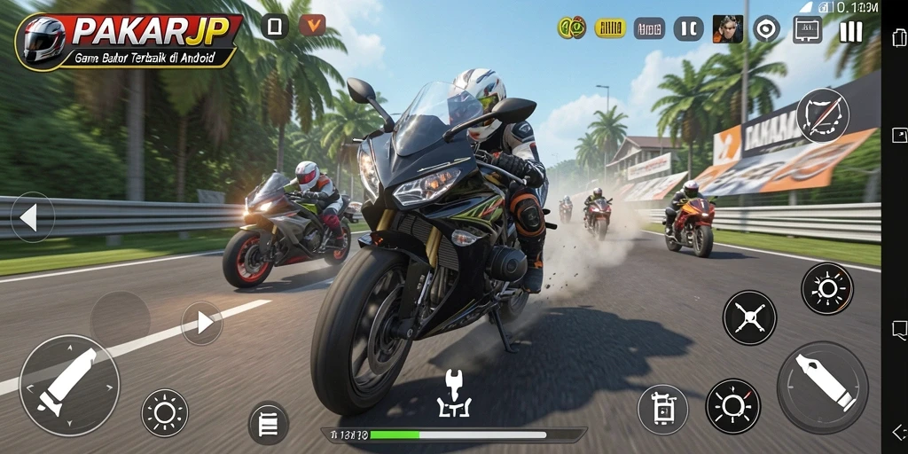 Tampilan gameplay mendebarkan dengan motor dan trek beragam.