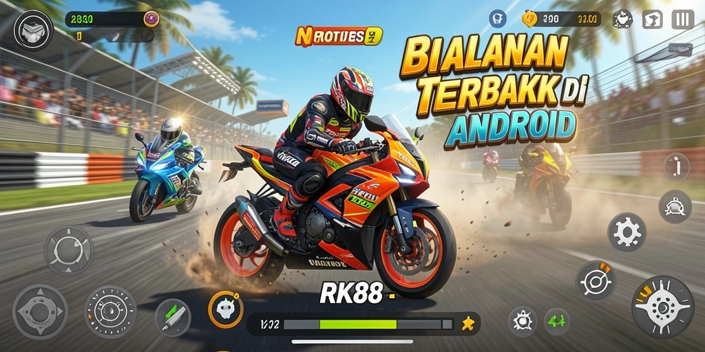 Gameplay mendebarkan RK88 dengan motor balap cepat.