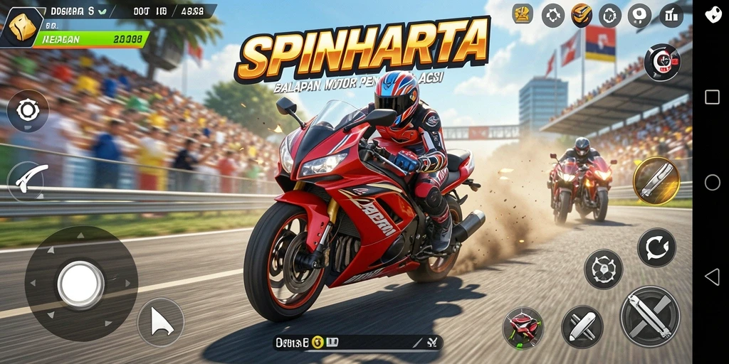 Tampilan gameplay SPINHARTA dengan aksi balapan motor yang seru.